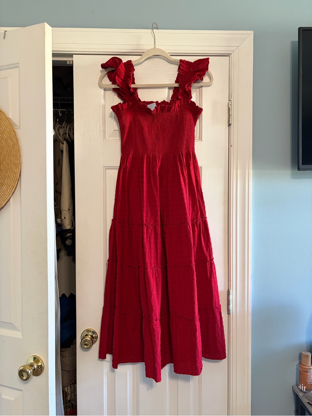 Hill House Red Ruffle-Strap Smocked Midi Dress